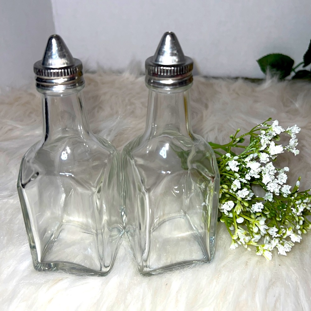 Vintage Gemco Oil & Vinegar Glass Cruet Bottles with Metal Screw On Lids